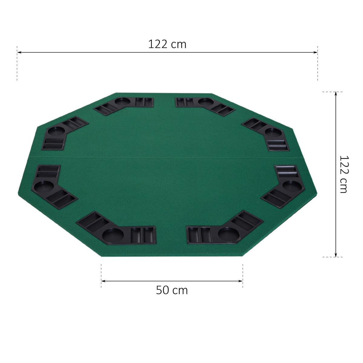 Dimensions of the foldable poker table top shown with measurements