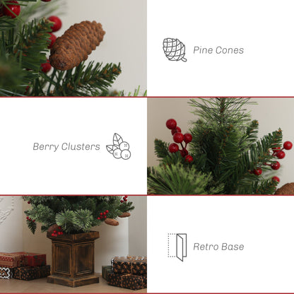 The pre lit Christmas tree displaying close-ups of pine cones, red berry clusters and the base