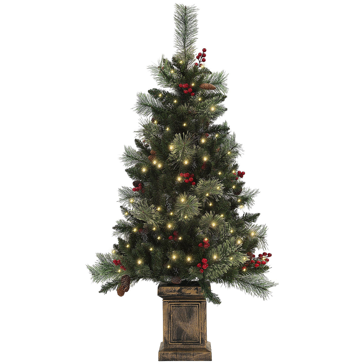 HOMCOM 1.2m/4ft Artificial Christmas Tree standing on a square retro base with red berries