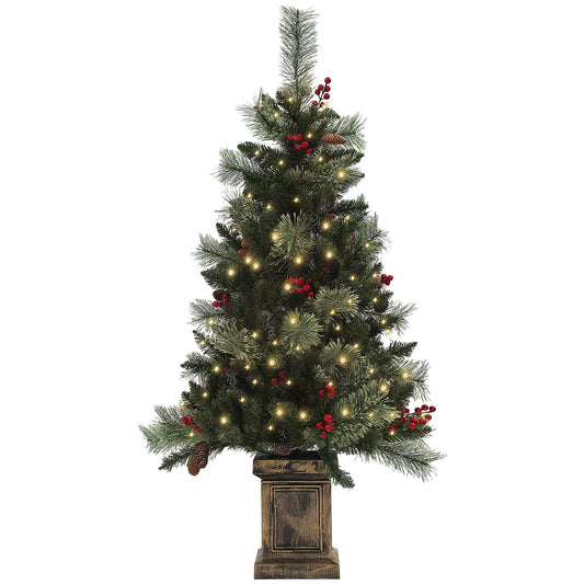 HOMCOM 1.2m/4ft Artificial Christmas Tree standing on a square retro base with red berries