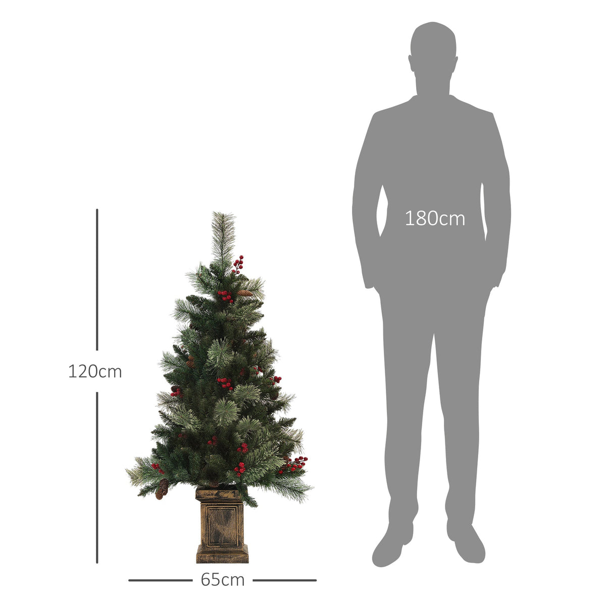 The pre lit Christmas tree shown next to a human silhouette to demonstrate its overall height