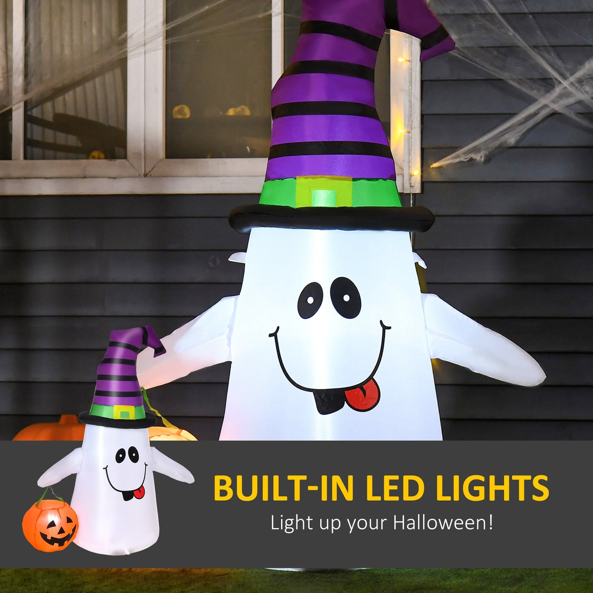 The Halloween inflatable decoration lit up at night with text about built-in LED lights