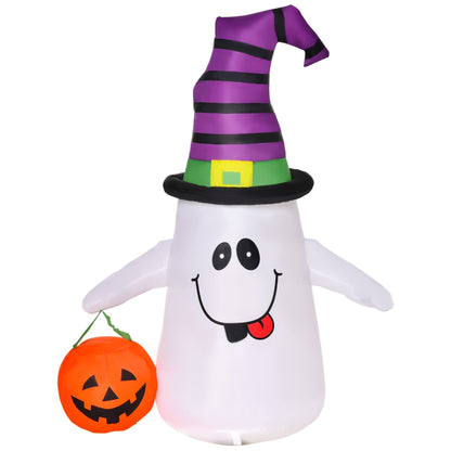 HOMCOM 1.2m Witch Ghost Halloween Inflatable Decoration with a purple and green striped hat and a pumpkin lantern