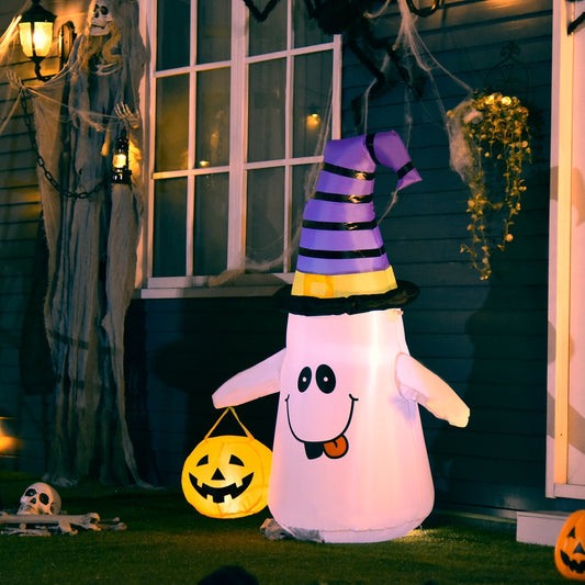 The Halloween inflatable decoration in a garden setting with cobwebs and a skeleton