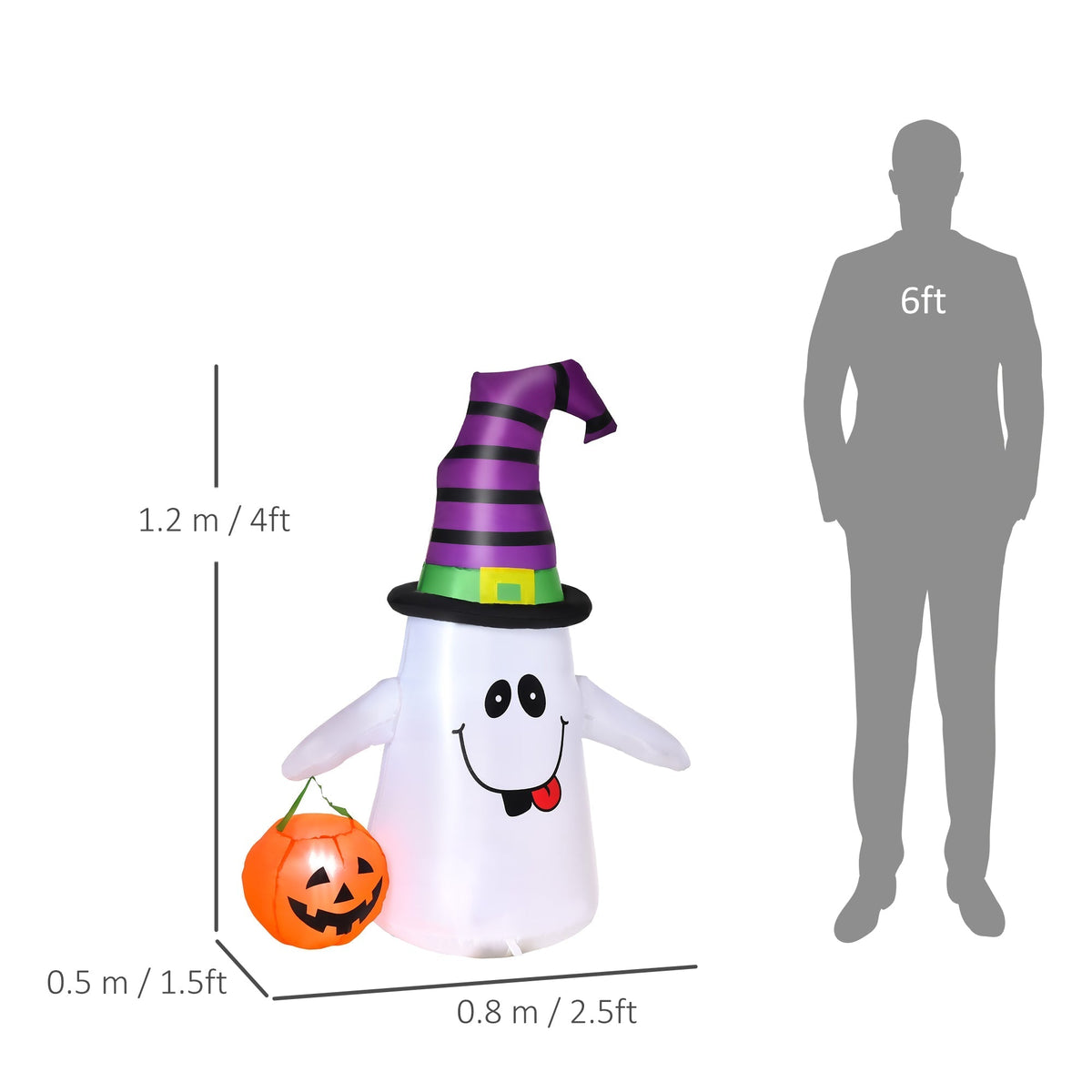 The Halloween inflatable decoration shown next to a person silhouette for scale