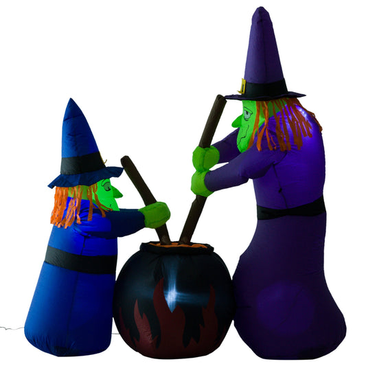 HOMCOM 1.8m Inflatable Halloween Lawn Decoration featuring two witches stirring a black cauldron