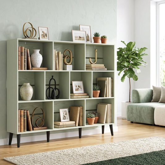 Light green 10-cube bookcase styled with books and decorative items in a living room