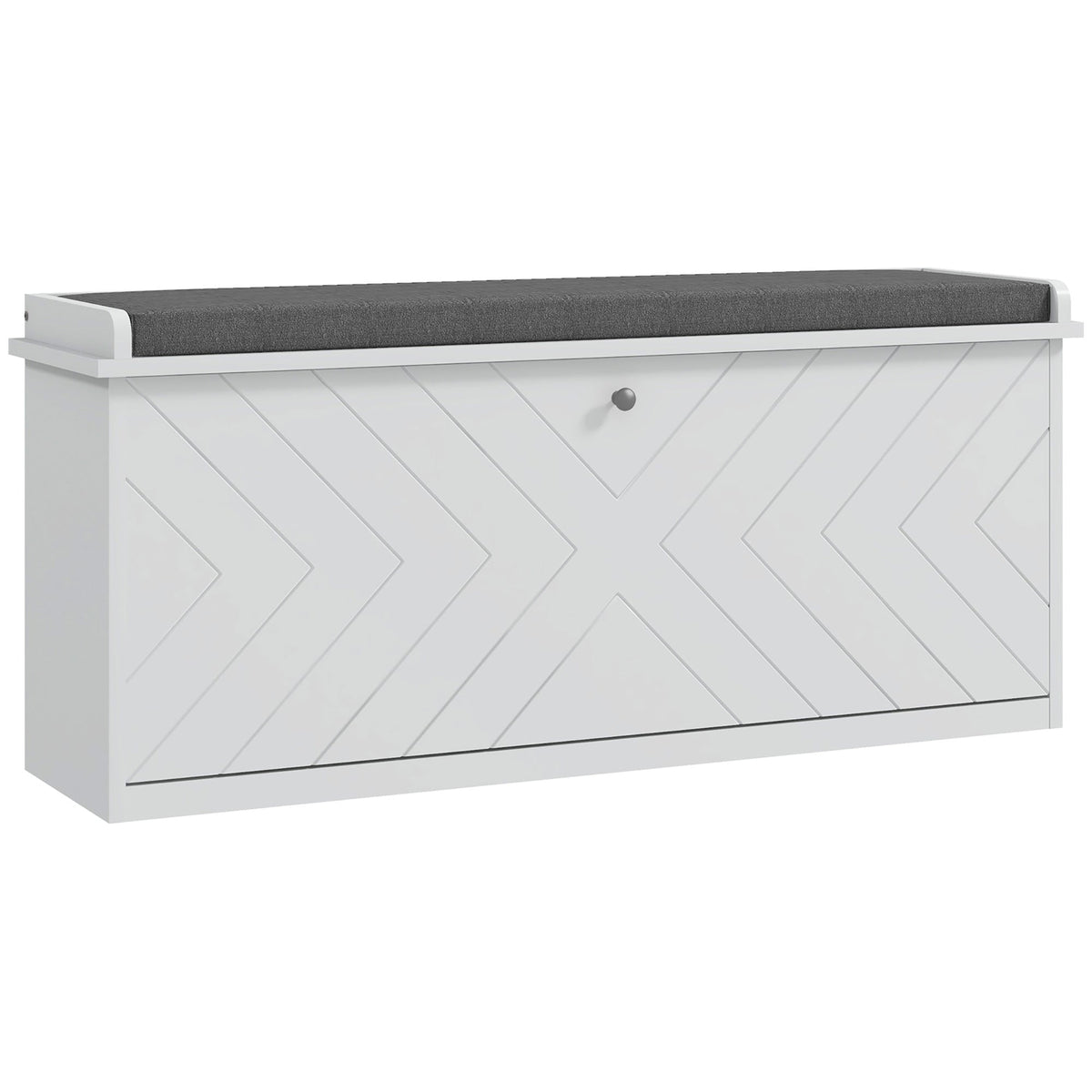 HOMCOM 10-Shoe Storage Bench in white with a grey padded seat and chevron pattern on the front