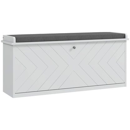HOMCOM 10-Shoe Storage Bench in white with a grey padded seat and chevron pattern on the front