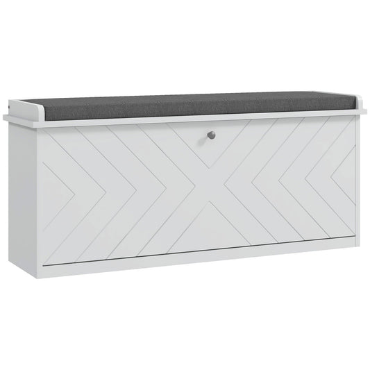 HOMCOM 10-Shoe Storage Bench in white with a grey padded seat and chevron pattern on the front