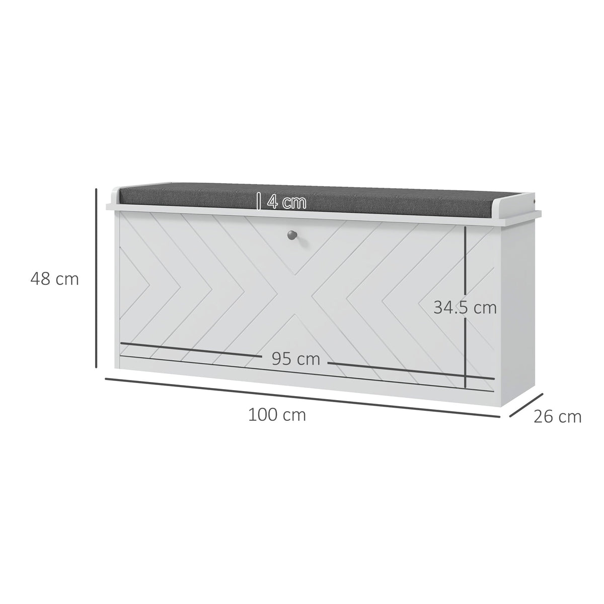 The shoe storage with black lines indicating the external and internal dimensions