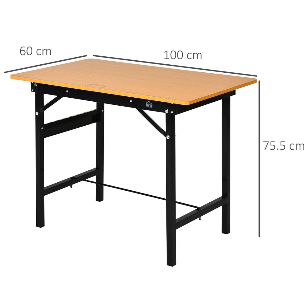 The garage work bench with dimensions marked on a light wood effect top and black steel frame