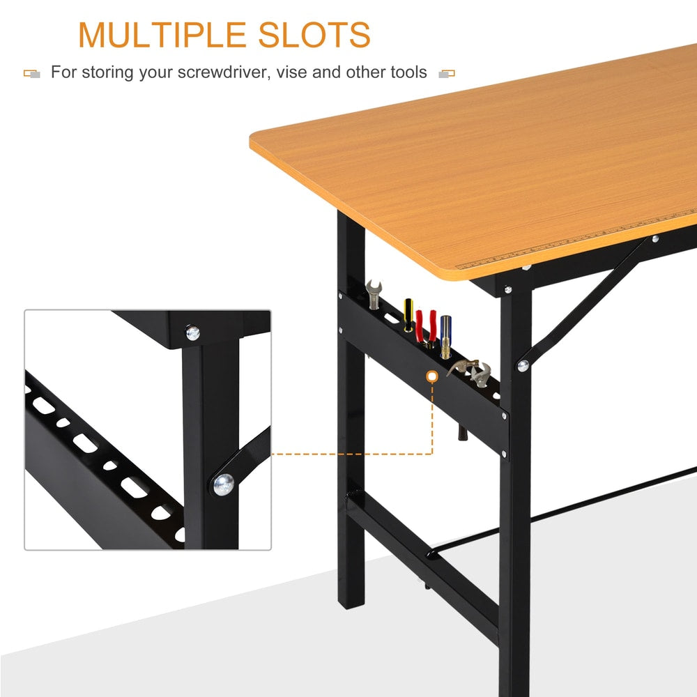 Close up of the DIY tools workbench showing multiple slots on the frame for tool storage
