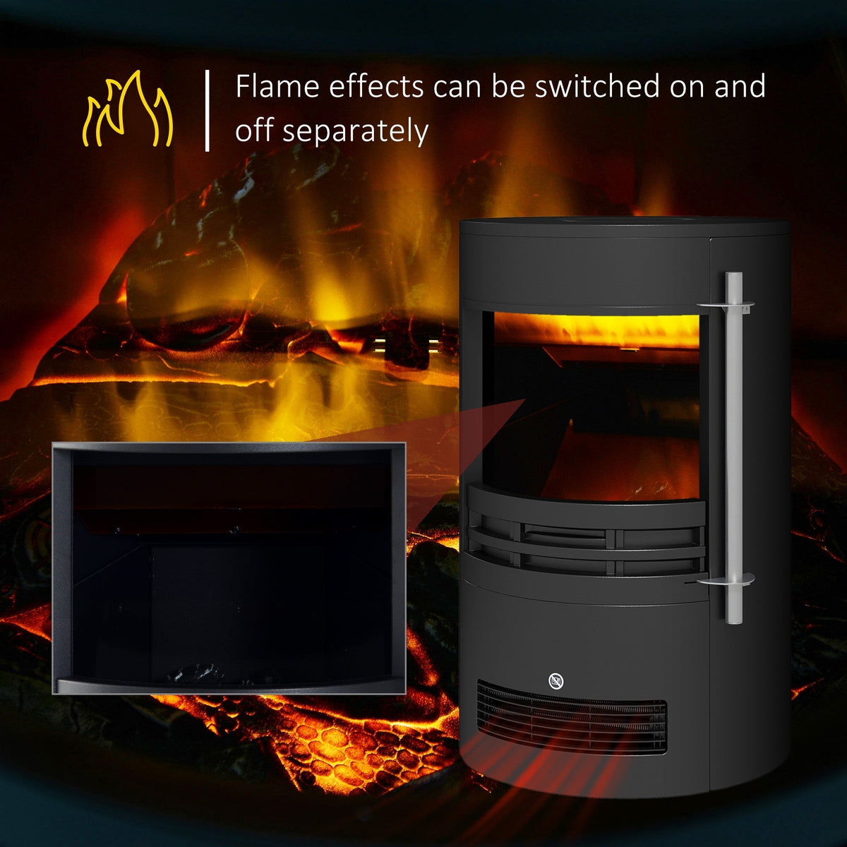 The electric stove displaying the log burner effect flame with a close up of the glass