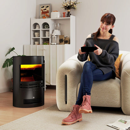 The electric heater standing in a living room next to a woman sitting in an armchair