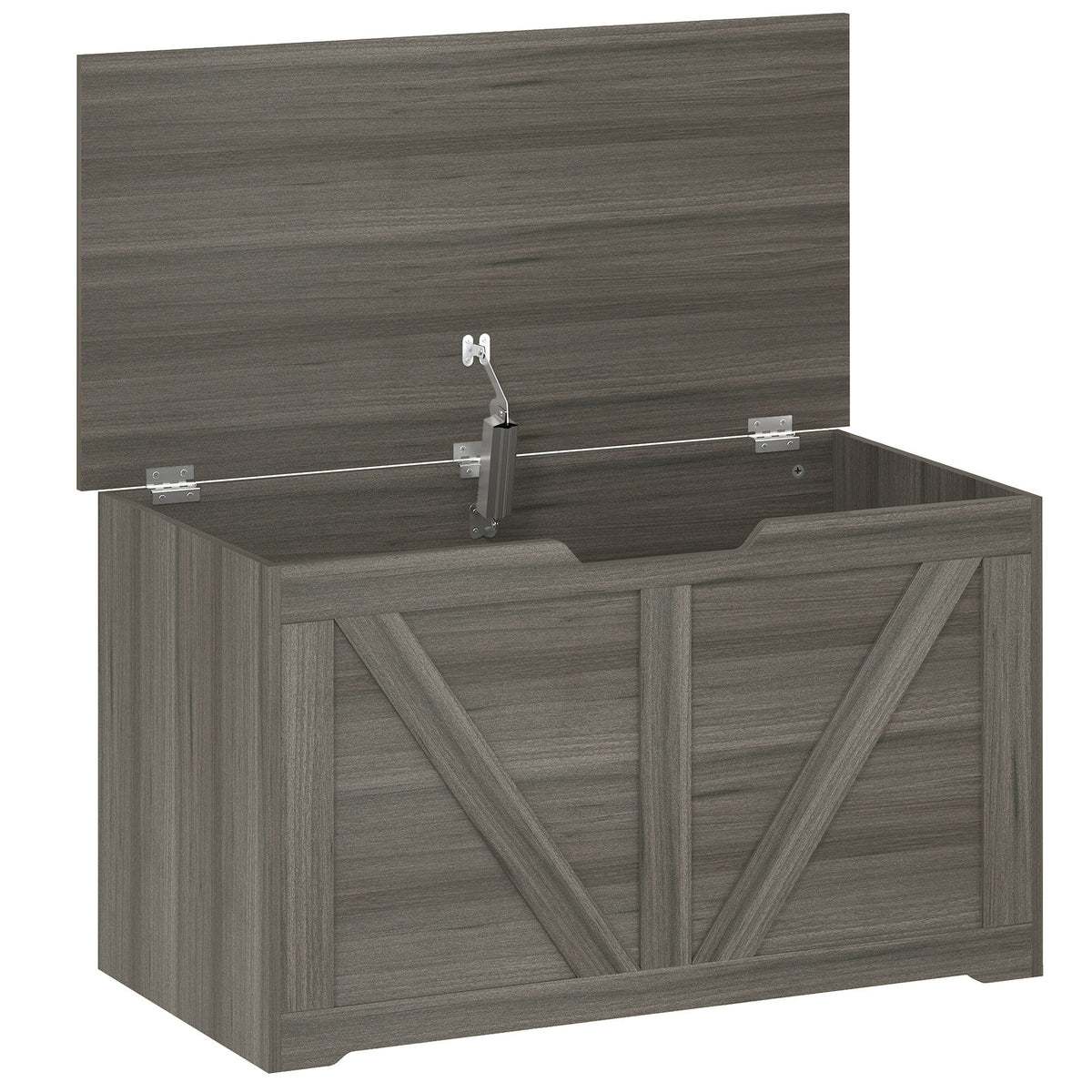 HOMCOM 100L Home Storage Box in dark grey wood-effect with the lid open and safety hinge visible