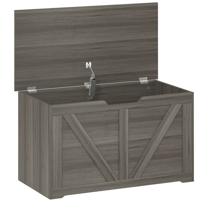 HOMCOM 100L Home Storage Box in dark grey wood-effect with the lid open and safety hinge visible