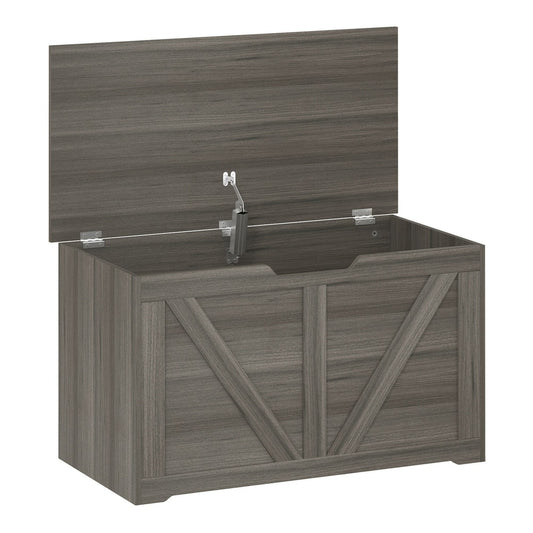 HOMCOM 100L Home Storage Box in dark grey wood-effect with the lid open and safety hinge visible