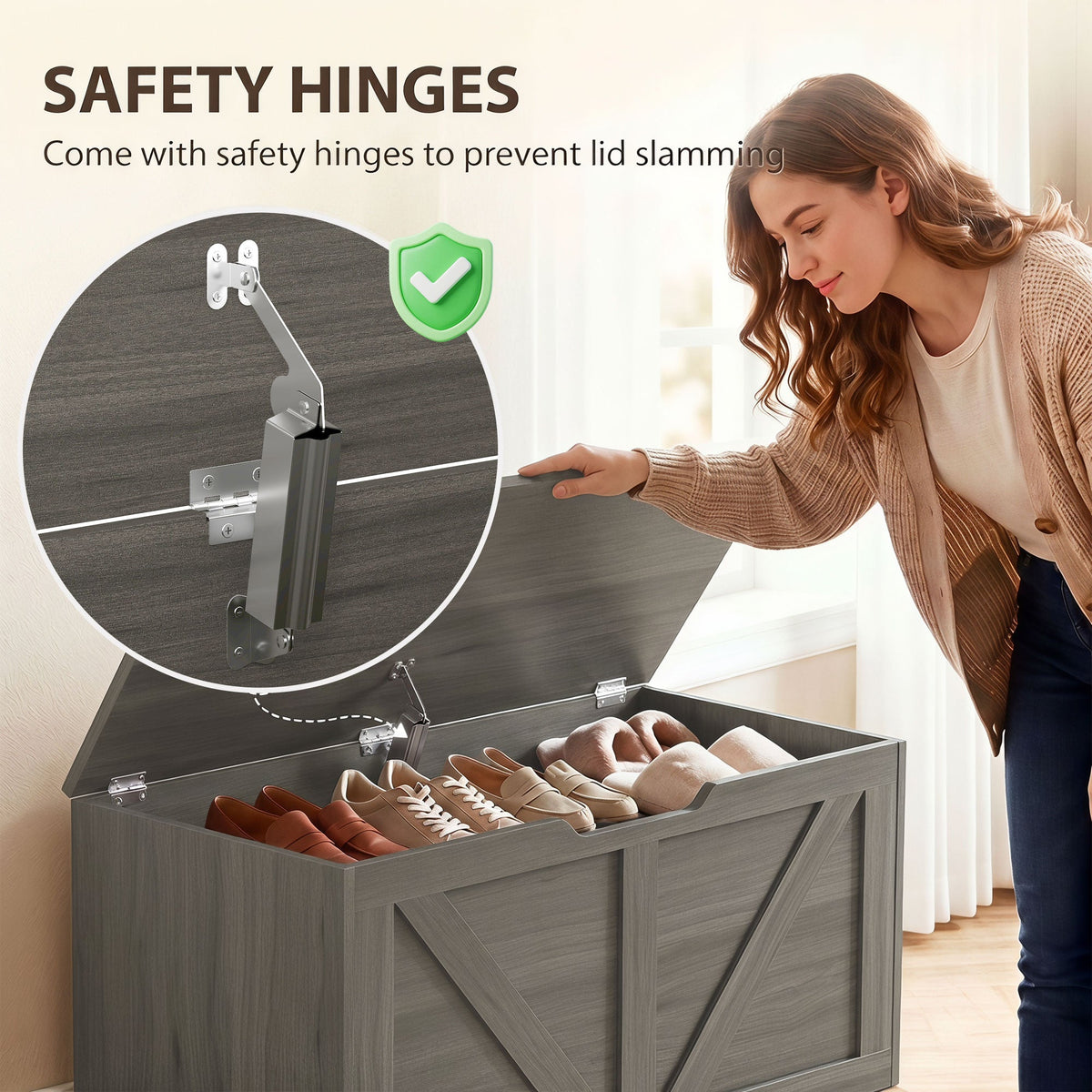 The storage cabinet showing a close-up of the safety hinge mechanism preventing lid slamming