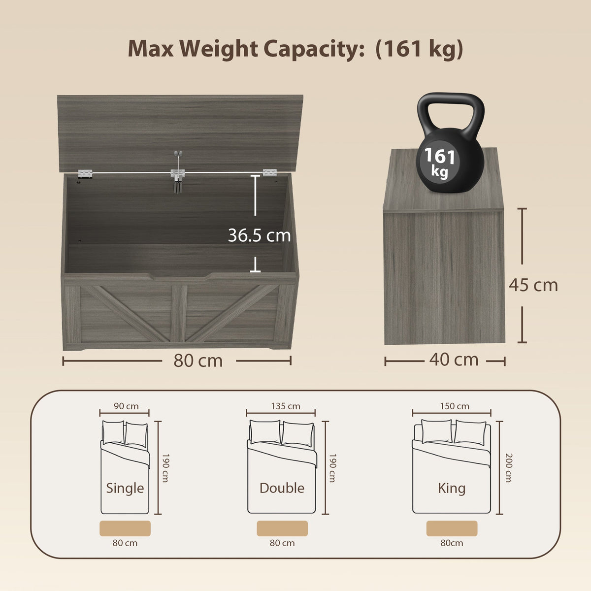 The storage cabinet showing dimensions and weight capacity with diagrams of bed sizes
