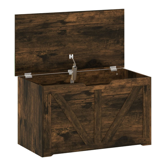 HOMCOM 100L Home Storage Box in rustic brown wood-effect with the lid open and safety hinge visible