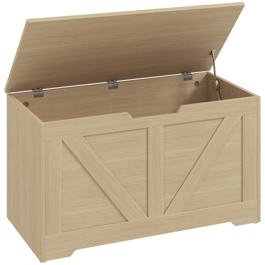 HOMCOM 100L Home Storage Box in natural wood finish with lid open