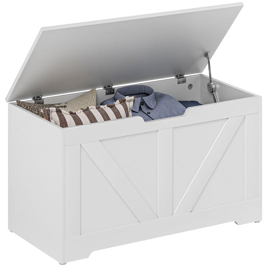 HOMCOM 100L Home Storage Box with the lid open showing clothes and cushions inside