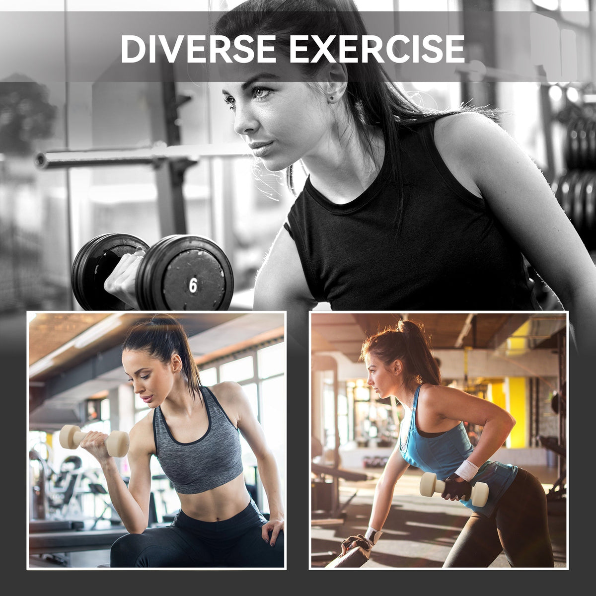Collage of women performing exercises with dumbbells