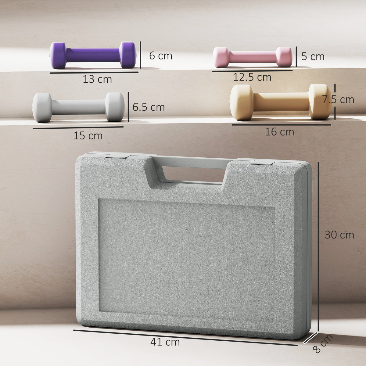 Size diagram of the dumbbells and the carry case, showing dimensions