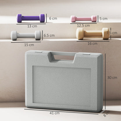 Size diagram of the dumbbells and the carry case, showing dimensions