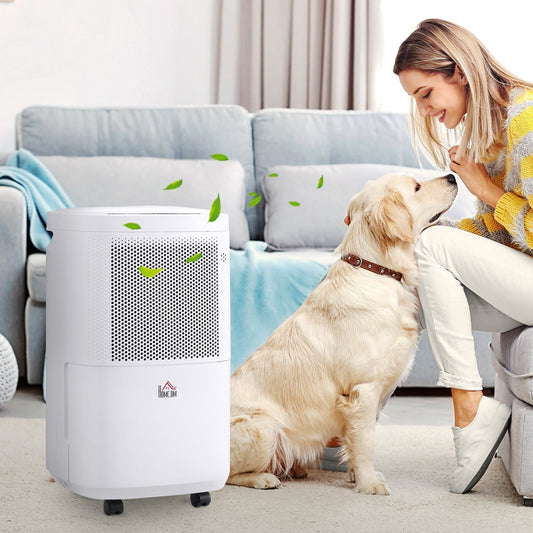 The portable dehumidifier placed in a living room next to a woman and her dog on a sofa