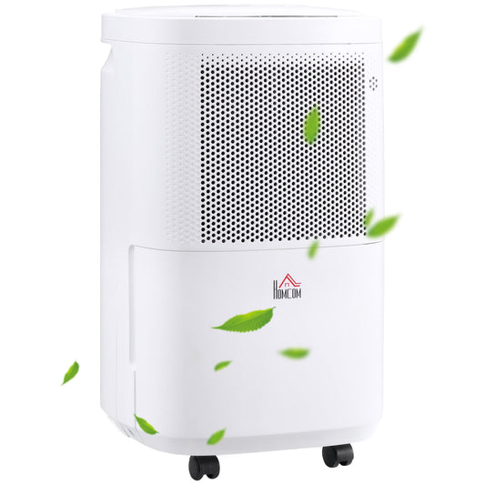 HOMCOM 10L/Day 2200ML Portable Quiet Dehumidifier standing on wheels with floating green leaves