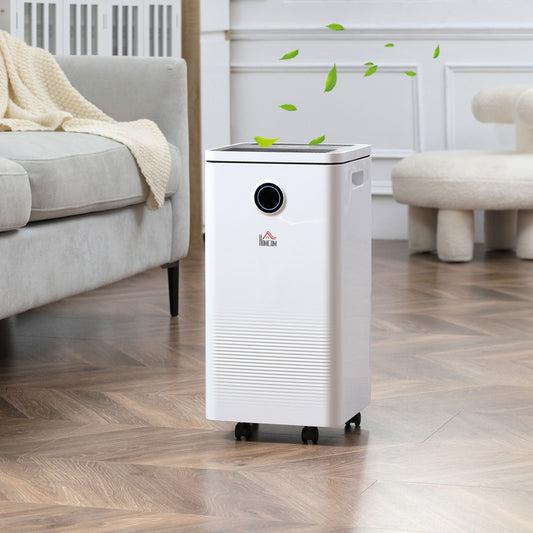 The white dehumidifier standing on a wooden floor in a living room with floating green leaves