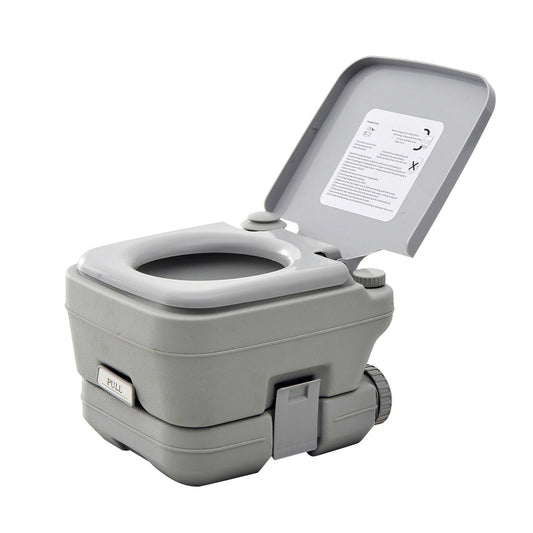 HOMCOM 10L Portable Toilet in grey with the lid open showing the seat and flush mechanism