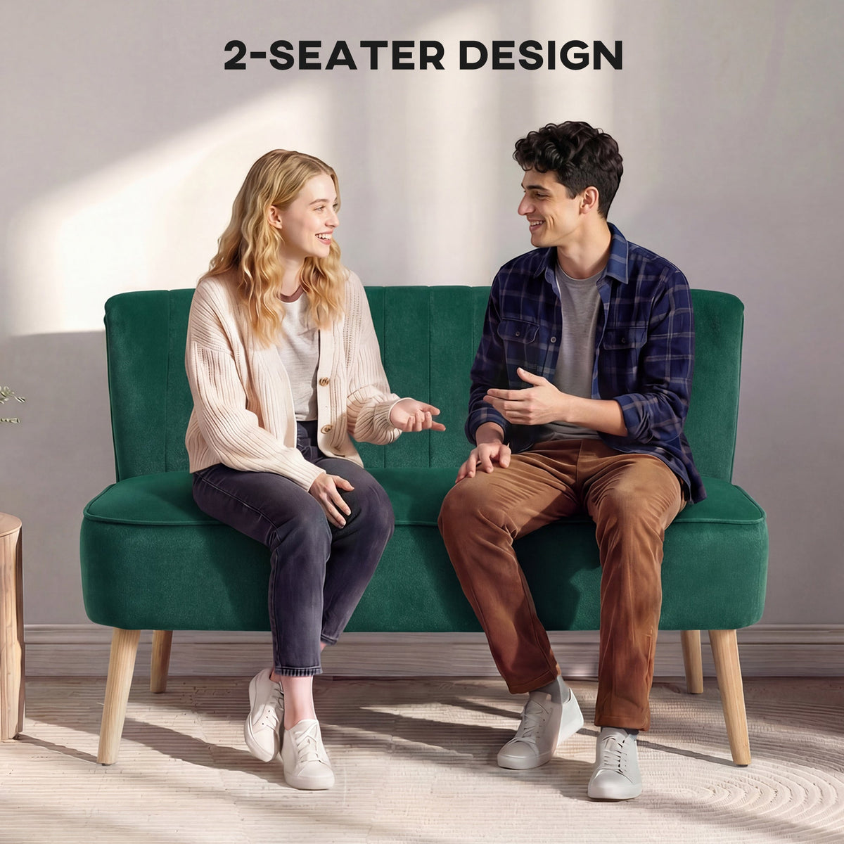 A couple sit and chat on the dark green upholstered two-seater sofa in a bright room