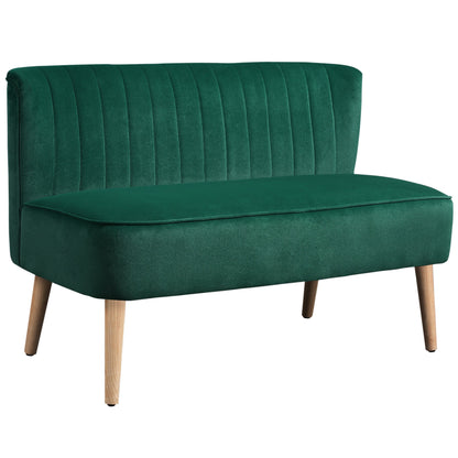 HOMCOM 117cm Loveseat Sofa, a dark green upholstered two-seater sofa with vertical stitching on the back and light wood legs