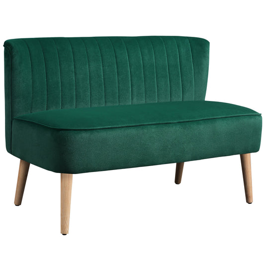 HOMCOM 117cm Loveseat Sofa, a dark green upholstered two-seater sofa with vertical stitching on the back and light wood legs