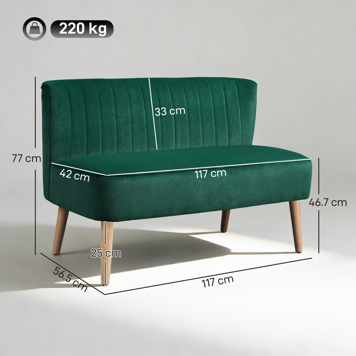 A dark green upholstered two-seater sofa with dimensions labelled for height, width and depth