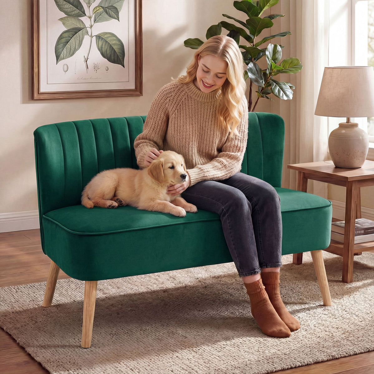 A woman and a puppy sit on the dark green upholstered two-seater sofa in a cosy room