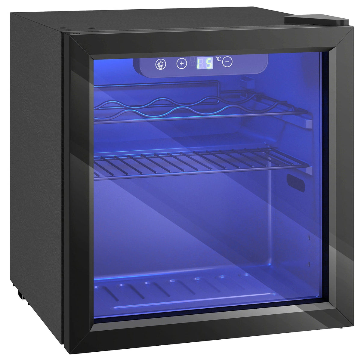 HOMCOM 12 Bottle Wine Cooler with a black frame and glass door showing internal blue LED lighting