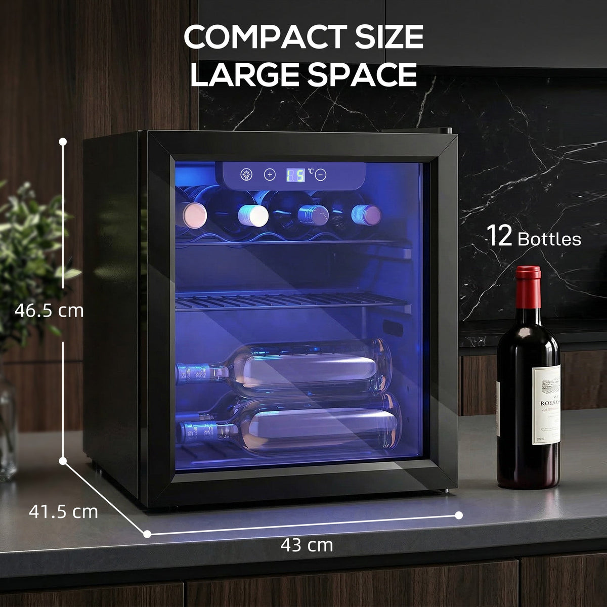 The wine fridge shown with dimension lines and labels indicating its compact size and capacity