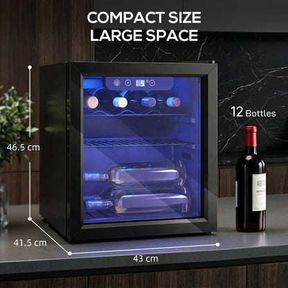 The wine fridge shown with dimension lines and labels indicating its compact size and capacity