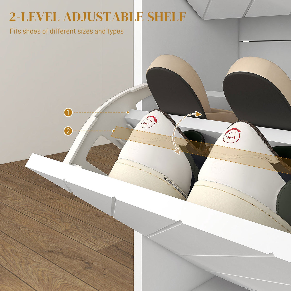 Close-up of the shoe storage cabinet showing adjustable shelves inside the flip drawers