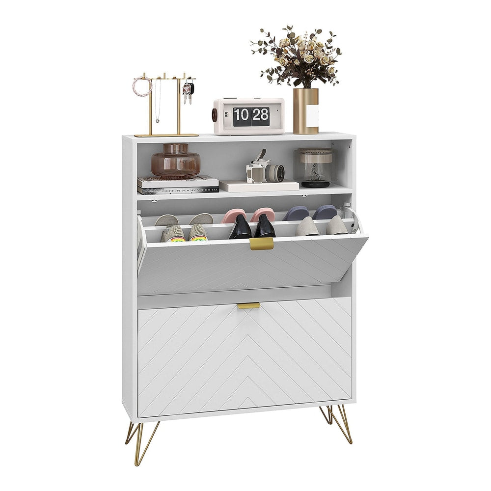 HOMCOM 12 Shoe Storage Cabinet, a white unit with gold legs and chevron patterned doors