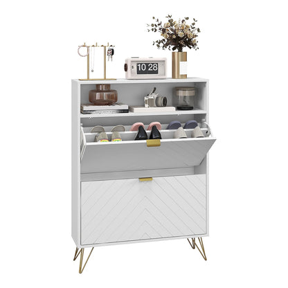 HOMCOM 12 Shoe Storage Cabinet, a white unit with gold legs and chevron patterned doors