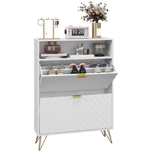 HOMCOM 12 Shoe Storage Cabinet, a white unit with gold legs and chevron patterned doors