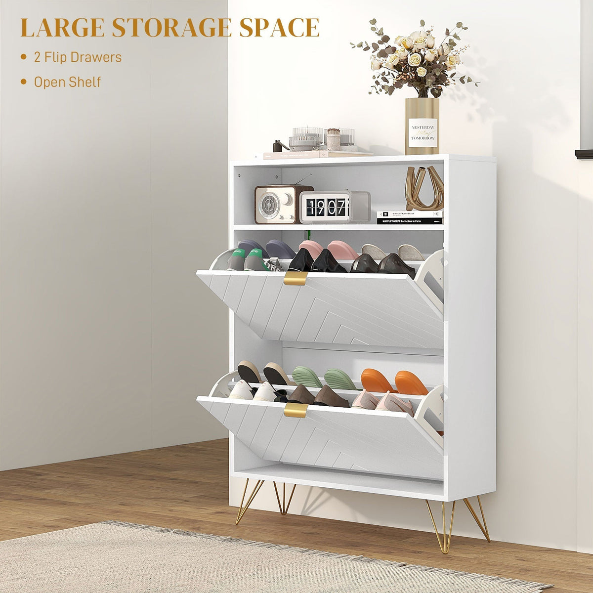 White shoe storage cabinet with two flip drawers open, showing shoes inside
