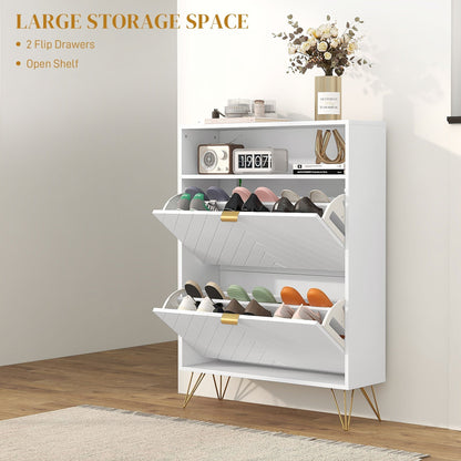 White shoe storage cabinet with two flip drawers open, showing shoes inside