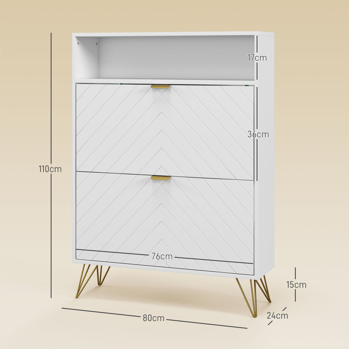 White shoe storage cabinet with dimensions shown, featuring gold legs and chevron doors