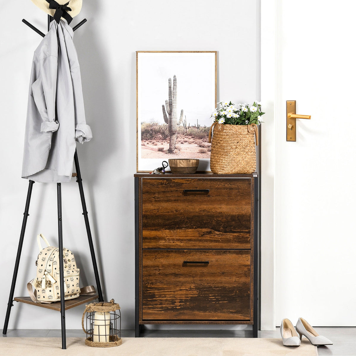 Wood-effect shoe storage cabinet in a hallway next to a coat rack and a door